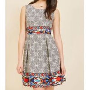 A-Line Dress w/ B&W & Multicolor Geometric Design
